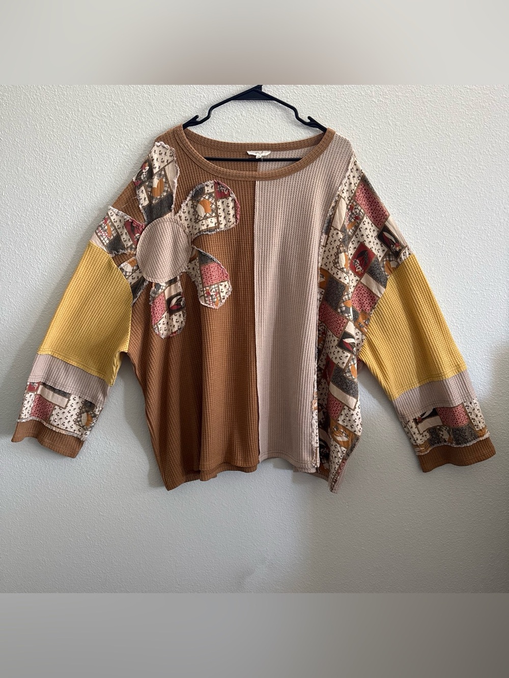 Easel 1X Patchwork Thermal Waffle Knit Sweater Top | Boho Color Block